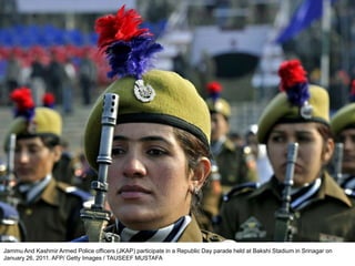 Jammu And Kashmir Armed Police officers (JKAP) participate in a Republic Day parade held at Bakshi Stadium in Srinagar on
January 26, 2011. AFP/ Getty Images / TAUSEEF MUSTAFA
 