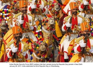 Indian Border Security Force (BSF) soldiers ride their camels during the Republic Day parade in New Delhi
January 26, 2011. India celebrated its 62nd Republic Day on Wednesday.
 
