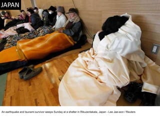 An earthquake and tsunami survivor weeps Sunday at a shelter in Rikuzentakata, Japan - Lee Jae-won / Reuters  