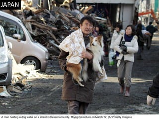 A man holding a dog walks on a street in Kesennuma city, Miyagi prefecture on March 12. (AFP/Getty Images)  