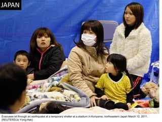 Evacuees sit through an earthquake at a temporary shelter at a stadium in Koriyama, northeastern Japan March 12, 2011. (REUTERS/Jo Yong-Hak)  