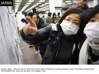 Sendai, Japan — Women look for names of survivors listed on boards at a victims assistance center in the Natori neighborhood. PHOTOGRAPH BY: Brian van der Brug / Los Angeles Times 