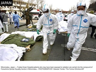 Nihonmatsu, Japan — Futaba Kosei Hospital patients who may have been exposed to radiation are carried into the compound of Fukushima Gender Equality Centre in Nihonmatsu. - PHOTOGRAPH BY: Daisuke Tomita / The Yomiuri Shimbun/AP 