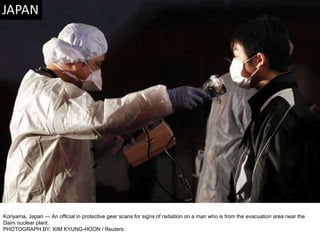 Koriyama, Japan — An official in protective gear scans for signs of radiation on a man who is from the evacuation area near the Daini nuclear plant. PHOTOGRAPH BY: KIM KYUNG-HOON / Reuters 