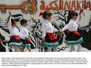 Getty Images - Girls wearing skirts in the colour of the Palestinian flag perform during a rally marking the day of 'nakba' or the catastrophe on May 15, 2011 in the Israeli occupied West Bank city of Nablus. Across the West Bank and Palestinian territories rallies are taking place to mark the 63rd anniversary of Israel's creation which resulted in more than 760,000 -- estimated today to number 4.7 million with their descendants -- being pushed into exile or driven out of their homes in the conflict that followed the Jewish state's establishment in 1948. 