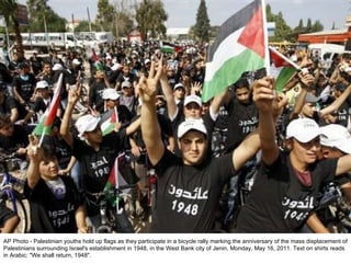 AP Photo - Palestinian youths hold up flags as they participate in a bicycle rally marking the anniversary of the mass displacement of Palestinians surrounding Israel's establishment in 1948, in the West Bank city of Jenin, Monday, May 16, 2011. Text on shirts reads in Arabic: "We shall return, 1948". 