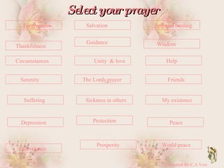 Select your prayer Forgiveness Salvation Spiritual healing Thankfulness Guidance Wisdom Circumstances Unity  & love Help Serenity The Lords prayer Friends Suffering Sickness in others My existence Depression Peace Protection Deliverance Prosperity World peace Created By:C.A.Vere  