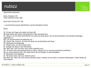 nubizz internet
integration
innovation
Seite 25© nubizz | www.nubizz.de
Ablauf Demo Sametime
 
Katja: ShopUser (SF)
Frank: Backoffice-User (BO)
 
Nach Folie 10 Aufruf SF / BO
 
=> kurze Erläuterung der Oberflächen und des Konzeptes (Frank)
 
Demo:
 
SF: SF-User hat Frage und meldet sich beim BO
BO: Übernahme des Kunden (automatische Frage wird generiert)
SF: "Können Sie mir bitte weiterhelfen? Ich suche die bunte Bluse, die auf dem Deckblatt ihres aktuellen Kataloges
abgebildet ist.
BO: ruft zwischenzeitlich Kundenseite auf
BO: "Guten Tag. Ja gerne. Ich leite Sie direkt auf die Detailseite der Bluse."
SF: Detailseite wird angezeigt
SF: "Danke schön, für die schnelle Hilfe."
SF: Einfügen der Bluse in den Warenkorb.
BO: "Bitte sehr. Darf ich Ihnen noch weiter behilflich sein."
SF: "Ich suche noch eine passende Hose zur Bluse. Können Sie mir da etwas sportliches empfehlen."
BO:"ja, einem Moment bitte. Wir haben heute die Lisl Weppen im Aktionsangebot"
SF: Detailseite wird angezeigt
SF: "Oh danke schön, die ist ja wirklich schick."
BO: Bitte sehr. Wenn Sie noch weitere Wünsche haben, wenden sie sich bitte an unseren Kundendienst. Vielen Danke für
ihren Einkauf.
 