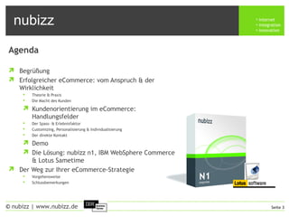 nubizz internet
integration
innovation
Seite 3© nubizz | www.nubizz.de
Agenda
 Begrüßung
 Erfolgreicher eCommerce: vom Anspruch & der
Wirklichkeit
 Theorie & Praxis
 Die Macht des Kunden
 Kundenorientierung im eCommerce:
Handlungsfelder
 Der Spass- & Erlebnisfaktor
 Customizing, Personalisierung & Individualisierung
 Der direkte Kontakt
 Demo
 Die Lösung: nubizz n1, IBM WebSphere Commerce
& Lotus Sametime
 Der Weg zur Ihrer eCommerce-Strategie
 Vorgehensweise
 Schlussbemerkungen
 