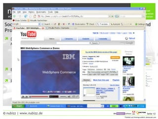 nubizz internet
integration
innovation
Seite 12© nubizz | www.nubizz.de
Titelbild und Hintergrundbild: photocase.com
Social Networking Plattformen als Mittel der Unternehmens- und
Produktpräsentation
 Direkte und indirekte
Marketingmöglichkeiten
 kostenfreie & kostenpflichtige
Möglichkeiten zur
Unternehmenspräsentation
 Erhöhung der Erreichbarkeit der
Unternehmenspräsenz
 Bewertungs- und Diskussionsforen
 Risiken
 Datensicherheit
 Manipulation & Aufbau Negativimage
eCommerce 2008: Was war … was wird?
 