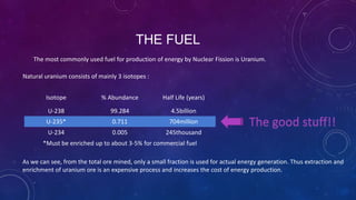THE FUEL
Natural uranium consists of mainly 3 isotopes :
Isotope % Abundance Half Life (years)
U-238 99.284 4.5billion
U-235* 0.711 704million
U-234 0.005 245thousand
*Must be enriched up to about 3-5% for commercial fuel
The good stuff!!
As we can see, from the total ore mined, only a small fraction is used for actual energy generation. Thus extraction and
enrichment of uranium ore is an expensive process and increases the cost of energy production.
The most commonly used fuel for production of energy by Nuclear Fission is Uranium.
 