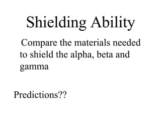 Shielding Ability Compare the materials needed to shield the alpha, beta and gamma  Predictions?? 