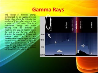 Gamma Rays The change of potential energy experienced by an  electron  moving from a place where the potential has a value of V to a place where it has a value of (V+1 volt). This is a convenient energy unit when dealing with the motions of electrons and  ions  in electric fields; the unit is also the one used to describe the energy of X-rays and gamma rays. A  keV  (or  kiloelectron volt ) is equal to 1000 electron volts. An  MeV  is equal to one million electron volts. A  GeV  is equal to one billion (109) electron volts. A  TeV  is equal to a million million (1012) electron volts.’ 