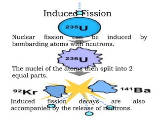 Induced Fission Nuclear fission can be induced by bombarding atoms with neutrons. Induced fission decays are also accompanied by the release of neutrons. The nuclei of the atoms then split into 2 equal parts. 