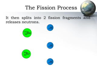 It then splits into 2 fission fragments and releases neutrons. The Fission Process 141 56 Ba 92 36 Kr n 1 0 n 1 0 n 1 0 
