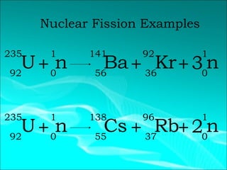 Nuclear Fission Examples U 235 92 + Ba 141 56 + n 1 0 3 n 1 0 + Kr 92 36 U 235 92 + Cs 138 55 + n 1 0 2 n 1 0 + Rb 96 37 