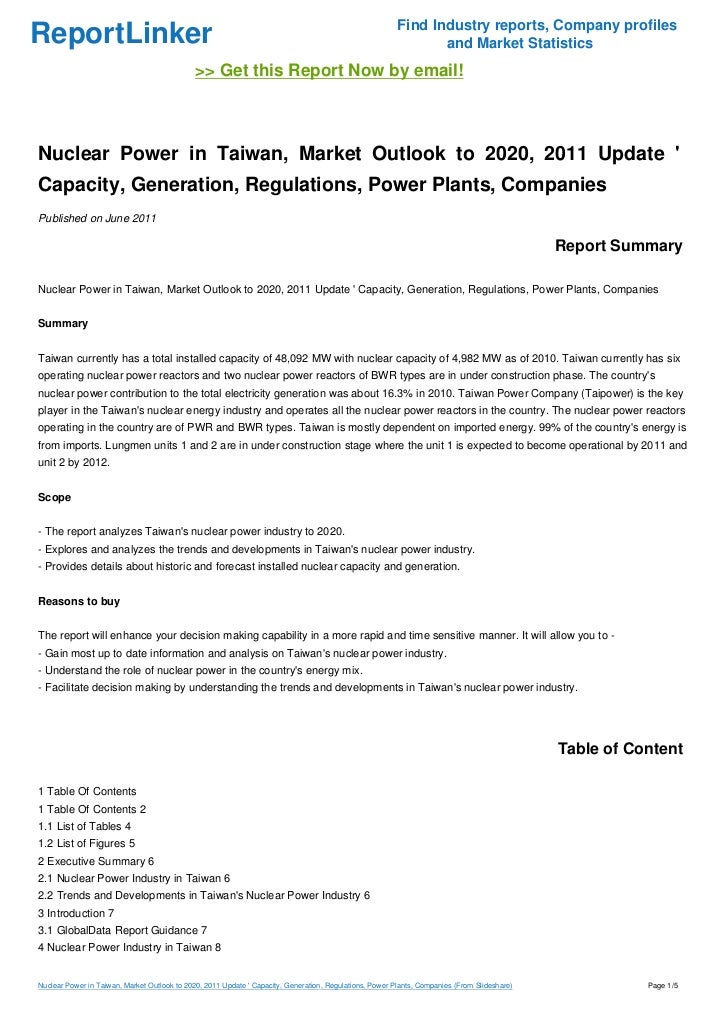 nuclear power in taiwan market outlook to 2020 2011 update outlook 2020 update