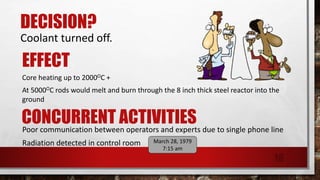 DECISION?
Coolant turned off.
EFFECT
Core heating up to 2000OC +
At 5000OC rods would melt and burn through the 8 inch thick steel reactor into the
ground
CONCURRENT ACTIVITIESPoor communication between operators and experts due to single phone line
Radiation detected in control room March 28, 1979
7:15 am
16
 