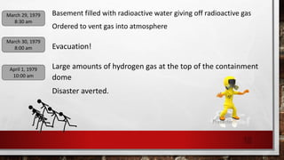 Basement filled with radioactive water giving off radioactive gas
Ordered to vent gas into atmosphere
March 29, 1979
8:30 am
Evacuation!
March 30, 1979
8:00 am
Large amounts of hydrogen gas at the top of the containment
dome
April 1, 1979
10:00 am
Disaster averted.
18
 