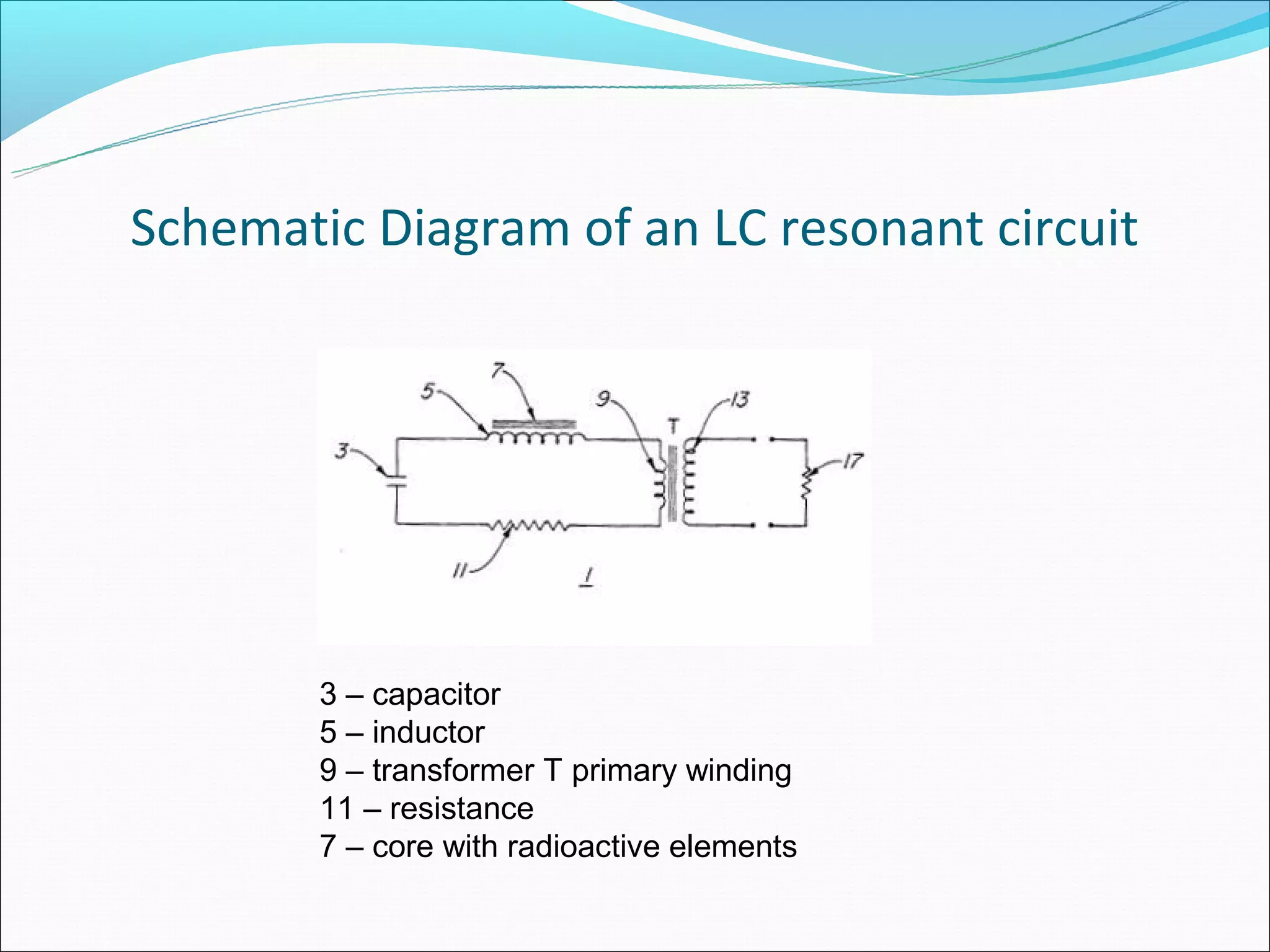 Schematic Diagram of an LC resonant circuit




        3 – capacitor
        5 – inductor
        9 – transformer T primary winding
        11 – resistance
        7 – core with radioactive elements
 