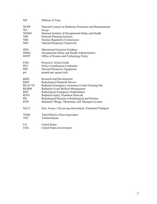 MT        Millions of Tons

NCRP      National Council on Radiation Protection and Measurements
NG        No-go
NIOSH     National Institute of Occupational Safety and Health
NPS       National Planning Scenario
NRC       Nuclear Regulatory Commission
NRF       National Response Framework

OEG       Operational Exposure Guidance
OSHA      Occupational Safety and Health Administration
OSTP      Office of Science and Technology Policy

PAG       Protective Action Guide
PCC       Policy Coordination Committee
PPE       Personal Protective Equipment
psi       pounds per square inch

R&D       Research and Development
RDD       Radiological Dispersal Device
REAC/TS   Radiation Emergency Assistance Center/Training Site
REMM      Radiation Event Medical Management
REP       Radiological Emergency Preparedness
RITN      Radiation Injury Treatment Network
RN        Radiological/Nuclear or Radiological and Nuclear
RTR       Radiation TRiage, TReatment, and TRansport system

SALT      Sort, Assess, Life-saving intervention, Treatment/Transport

TEDE      Total Effective Dose Equivalent
TNT       Trinitrotoluene

US        United States
USG       United States Government




                                                                        2
 