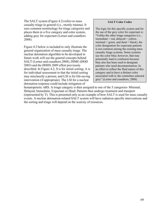The SALT system (Figure 4.2) refers to mass                       SALT Color Codes
casualty triage in general (i.e., mostly trauma). It
uses common terminology for triage categories and      The logic for this specific system and for
places them in a five category and color system,       the use of the grey color for expectant is:
adding grey for expectant (Lerner and coauthors        “Unlike the other triage categories (i.e.,
2008).                                                 immediate = red, delayed = yellow,
                                                       minimal = green, and dead = black), the
Figure 4.2 below is included to only illustrate the    color designation for expectant patients
                                                       is not common among the existing mass
general organization of mass casualty triage. The
                                                       casualty triage systems. Some systems
nuclear detonation algorithm to be developed in        use the color blue; however, that may
future work will use the general concepts behind       potentially lead to confusion because
SALT (Lerner and coauthors 2008), DIME (DOD            blue also has been used to designate
2003) and the DHHS 2009 effort previously              patients who need decontamination. In
described. In Figure 4.2, S is for initial sorting; A is
                                                       an effort to reflect the fluid nature of this
for individual assessment in that the initial sorting  category and to have a distinct color
may misclassify a person; and LSI is for life-saving   associated with it, the committee selected
intervention (if appropriate). The LSI for a nuclear   grey” (Lerner and coauthors, 2008)
detonation response could include mitigation of
hematopoietic ARS. A triage category is then assigned to one of the 5 categories- Minimal,
Delayed, Immediate, Expectant or Dead. Patients then undergo treatment and transport
(represented by T). This is presented only as an example of how SALT is used for mass casualty
events. A nuclear detonation-related SALT system will have radiation specific interventions and
the sorting and triage will depend on the scarcity of resources.




                                                                                                69
 