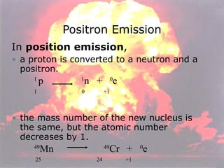 In  position emission , a proton is converted to a neutron and a positron.   1  p    1 n  +  0 e 1    0  +1 the mass number of the new nucleus is the same, but the atomic number decreases by 1. 49 Mn    49 Cr  +  0 e   25  24  +1 Positron Emission 