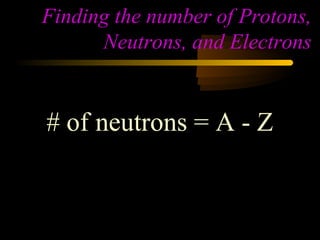 Finding the number of Protons,
      Neutrons, and Electrons


# of neutrons = A - Z
 