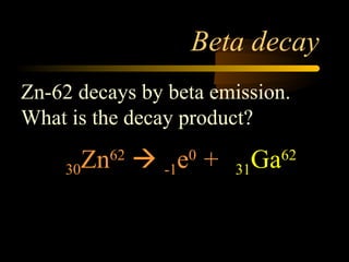 Beta decay
Zn-62 decays by beta emission.
What is the decay product?

    30   Zn  -1e +
           62     0
                        ???
                       31Ga   62
 
