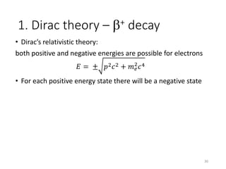 1. Dirac theory – b+ decay
• Dirac’s relativistic theory:
both positive and negative energies are possible for electrons
𝐸 = ± 𝑝2 𝑐2 + 𝑚 𝑒
2
𝑐4
• For each positive energy state there will be a negative state
30
 