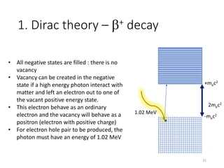 1. Dirac theory – b+ decay
2mec2
+mec2
-mec2
1.02 MeV
• All negative states are filled : there is no
vacancy
• Vacancy can be created in the negative
state if a high energy photon interact with
matter and left an electron out to one of
the vacant positive energy state.
• This electron behave as an ordinary
electron and the vacancy will behave as a
positron (electron with positive charge)
• For electron hole pair to be produced, the
photon must have an energy of 1.02 MeV
31
 