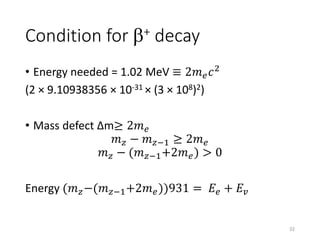 Condition for b+ decay
• Energy needed = 1.02 MeV ≡ 2𝑚 𝑒 𝑐2
(2 × 9.10938356 × 10-31 × (3 × 108)2)
• Mass defect Δm≥ 2𝑚 𝑒
𝑚 𝑧 − 𝑚 𝑧−1 ≥ 2𝑚 𝑒
𝑚 𝑧 − (𝑚 𝑧−1+2𝑚 𝑒) > 0
Energy (𝑚 𝑧−(𝑚 𝑧−1+2𝑚 𝑒))931 = 𝐸𝑒 + 𝐸 𝑣
32
 