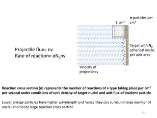 Target with N0
spherical nuclei
per unit area
n particles per
cm31 cm3
Velocity of
projectile=v
Projectile flux= nv
Rate of reaction= σN0nv
Reaction cross section (σ) represents the number of reactions of a type taking place per cm2
per second under conditions of unit density of target nuclei and unit flux of incident particle
Lower energy particles have higher wavelength and hence they can surround large number of
nuclei and hence large reaction cross section
56
 