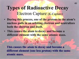 46
Types of Radioactive Decay
Electron Capture (K-Capture)
• During this process, one of the protons in the atom's
nucleus pulls in an orbiting electron and neutralizes
both the electron and itself.
• This causes the atom to decay and become a
different element with the same atomic mass.
p
1
1
+ e
0
−1  n
1
0
This causes the atom to decay and become a
different element (one less proton) with the same
atomic mass.
 