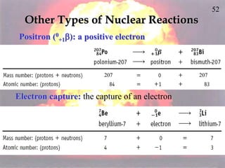 52
Other Types of Nuclear Reactions
Positron (0
+1): a positive electron
Electron capture: the capture of an electron
207 207
 