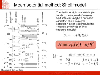 En = (n + 3/2)ω
H = Vls(r)l · s/2
l·s
2 = j(j+1)−l(l+1)−s(s+1)
2
= l/2 j = l + 1/2
= −(l + 1)/2 j = l − 1/2
Mean potential method: Shell model
The shell model, in its most simple
version, is composed of a mean
field potential (maybe a harmonic
oscillator) plus a spin-orbit
potential in order to reproduce the
empirical evidences of shell
structure in nuclei
© Basdevant, Rich and Spiro
 