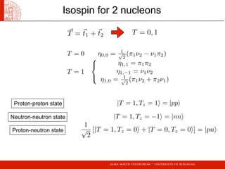 T = t1 + t2 T = 0, 1
T = 0 η0,0 = 1√
2
(π1ν2 − ν1π2)
T = 1



η1,1 = π1π2
η1,−1 = ν1ν2
η1,0 = 1√
2
(π1ν2 + π2ν1)
Isospin for 2 nucleons
|T = 1, Tz = 1 = |pp
|T = 1, Tz = −1 = |nn
1
√
2
[|T = 1, Tz = 0 + |T = 0, Tz = 0] = |pn
Proton-proton state
Neutron-neutron state
Proton-neutron state
 