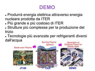 DEMO
 Produrrà energia elettrica attraverso energia
nucleare prodotta da ITER
 Più grande e più costoso di ITER
 Strutture più complesse per la produzione del
trizio
 Tecnologie più avanzate per refrigeranti diversi
dall'acqua
 