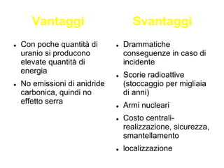 Vantaggi Svantaggi
 Con poche quantità di
uranio si producono
elevate quantità di
energia
 No emissioni di anidride
carbonica, quindi no
effetto serra
 Drammatiche
conseguenze in caso di
incidente
 Scorie radioattive
(stoccaggio per migliaia
di anni)
 Armi nucleari
 Costo centrali-
realizzazione, sicurezza,
smantellamento
 localizzazione
 