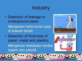 IndustryDetection of leakage in underground pipesMengesankebocoranpaipdibawahtanahDetection of thickness of paper, metal and plasticsMengesanketebalankertas, logamdanplastik