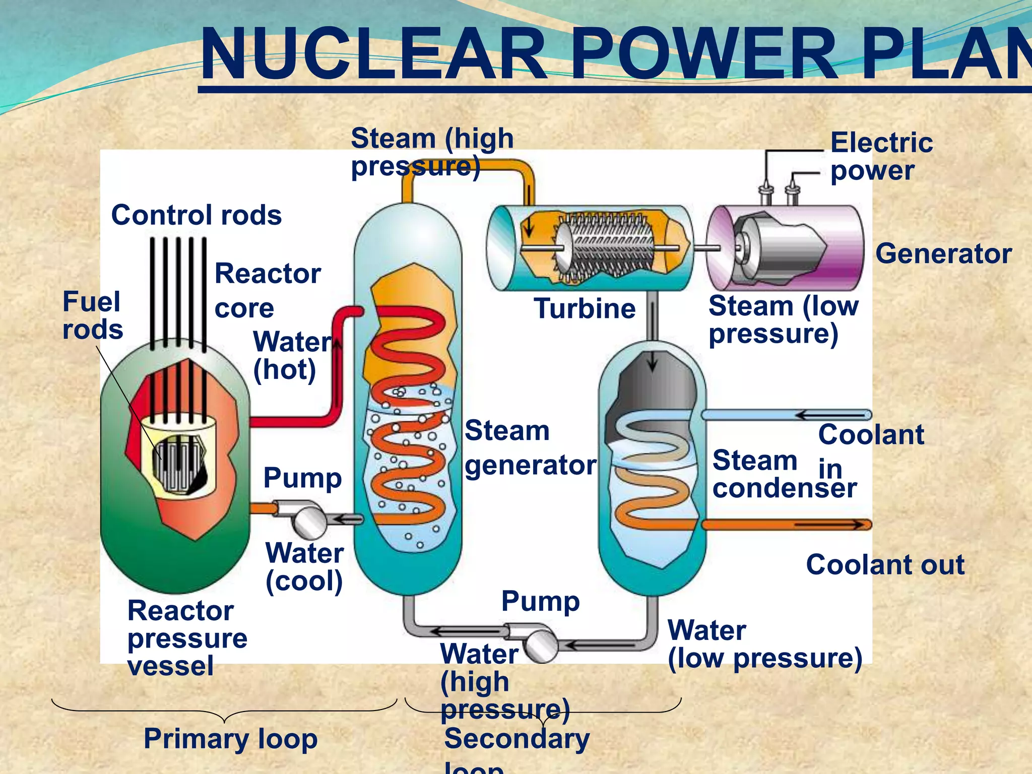 NUCLEAR POWER PLAN
Control rods
Fuel
rods
Reactor
pressure
vessel
Water
(cool)
Water
(hot)
Water
(high
pressure)
Water
(low pressure)
Coolant out
Coolant
inSteam
condenser
Steam (low
pressure)
Turbine
Electric
power
Steam
generator
Steam (high
pressure)
Pump
Primary loop Secondary
Generator
Reactor
core
Pump
 