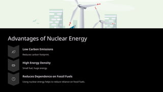 Advantages of Nuclear Energy
Low Carbon Emissions
Reduces carbon footprint.
High Energy Density
Small fuel, huge energy.
Reduces Dependence on Fossil Fuels
Using nuclear energy helps to reduce reliance on fossil fuels.
 