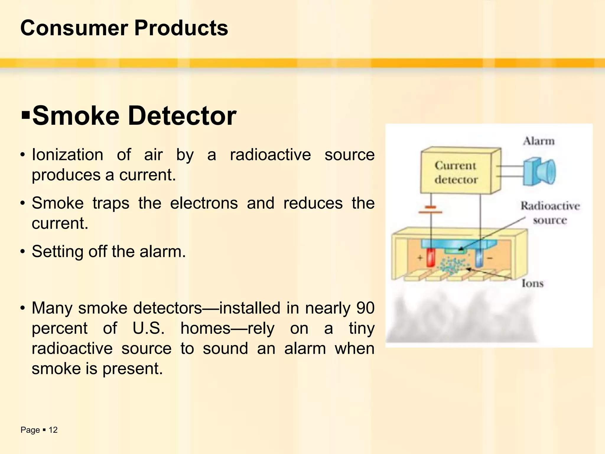 Consumer Products



Smoke Detector
• Ionization of air by a radioactive source
  produces a current.
• Smoke traps the electrons and reduces the
  current.
• Setting off the alarm.


• Many smoke detectors—installed in nearly 90
  percent of U.S. homes—rely on a tiny
  radioactive source to sound an alarm when
  smoke is present.


Page  12
 