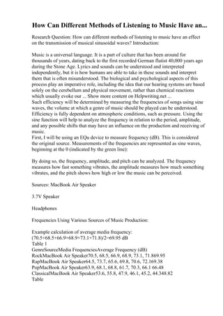 How Can Different Methods of Listening to Music Have an...
Research Question: How can different methods of listening to music have an effect
on the transmission of musical sinusoidal waves? Introduction:
Music is a universal language. It is a part of culture that has been around for
thousands of years, dating back to the first recorded German flutist 40,000 years ago
during the Stone Age. Lyrics and sounds can be understood and interpreted
independently, but it is how humans are able to take in these sounds and interpret
them that is often misunderstood. The biological and psychological aspects of this
process play an imperative role, including the idea that our hearing systems are based
solely on the cerebellum and physical movement, rather than chemical reactions
which usually evoke our ... Show more content on Helpwriting.net ...
Such efficiency will be determined by measuring the frequencies of songs using sine
waves, the volume at which a genre of music should be played can be understood.
Efficiency is fully dependent on atmospheric conditions, such as pressure. Using the
sine function will help to analyze the frequency in relation to the period, amplitude,
and any possible shifts that may have an influence on the production and receiving of
music.
First, I will be using an EQu device to measure frequency (dB). This is considered
the original source. Measurements of the frequencies are represented as sine waves,
beginning at the 0 (indicated by the green line):
By doing so, the frequency, amplitude, and pitch can be analyzed. The frequency
measures how fast something vibrates, the amplitude measures how much something
vibrates, and the pitch shows how high or low the music can be perceived.
Sources: MacBook Air Speaker
3.7V Speaker
Headphones
Frequencies Using Various Sources of Music Production:
Example calculation of average media frequency:
(70.5+68.5+66.9+68.9+73.1+71.8)/2=69.95 dB
Table 1
GenreSourceMedia FrequenciesAverage Frequency (dB)
RockMacBook Air Speaker70.5, 68.5, 66.9, 68.9, 73.1, 71.869.95
RapMacBook Air Speaker64.5, 73.7, 65.6, 69.8, 70.6, 72.169.38
PopMacBook Air Speaker63.9, 68.1, 68.8, 61.7, 70.3, 66.1 66.48
ClassicalMacBook Air Speaker53.6, 55.8, 47.9, 46.1, 45.2, 44.348.82
Table
 