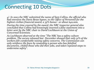 Connecting 10 Dots
4) In 2003 the NRC submitted the name of Sam Collins, the official who
had overseen the Davis Besse lapses, to the Office of Personnel for the
highest civilian financial award, a 35% bonus - or about $40,000.
During the time covered by the award, the NRC inspector general also
concluded that Collins had knowingly inserted a false statement into a
letter sent by the NRC chair to David Lochbaum at the Union of
Concerned Scientists.
As Lochbaum observed at the time "The NRC has a safety culture
problem. The survey released last December showed that only 51% of the
workers felt comfortable raising safety concerns. The Commission can
only reinforce the fears by rewarding a person who has falsified
documents, chided those who did their jobs, and taken repeated steps to
undermine safety".
Dr. Tabrez Ahmad, http://energylex.blogspot.in 59
 