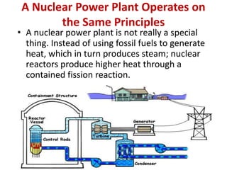 A Nuclear Power Plant Operates on
the Same Principles
• A nuclear power plant is not really a special
thing. Instead of using fossil fuels to generate
heat, which in turn produces steam; nuclear
reactors produce higher heat through a
contained fission reaction.
 