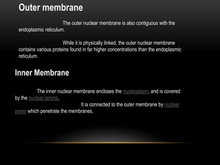 Outer membrane 
The outer nuclear membrane is also contiguous with the 
endoplasmic reticulum. 
While it is physically linked, the outer nuclear membrane 
contains various proteins found in far higher concentrations than the endoplasmic 
reticulum. 
Inner Membrane 
The inner nuclear membrane encloses the nucleoplasm, and is covered 
by the nuclear lamina, 
It is connected to the outer membrane by nuclear 
pores which penetrate the membranes. 
 