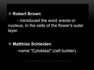  Robert Brown 
- introduced the word areola or 
nucleus, in the cells of the flower's outer 
layer. 
 Matthias Schleiden 
-name "Cytoblast" (cell builder). 
 