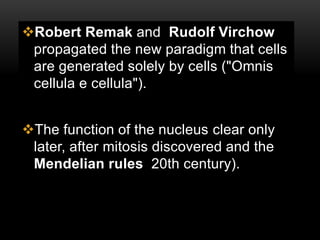 Robert Remak and Rudolf Virchow 
propagated the new paradigm that cells 
are generated solely by cells ("Omnis 
cellula e cellula"). 
The function of the nucleus clear only 
later, after mitosis discovered and the 
Mendelian rules 20th century). 
 