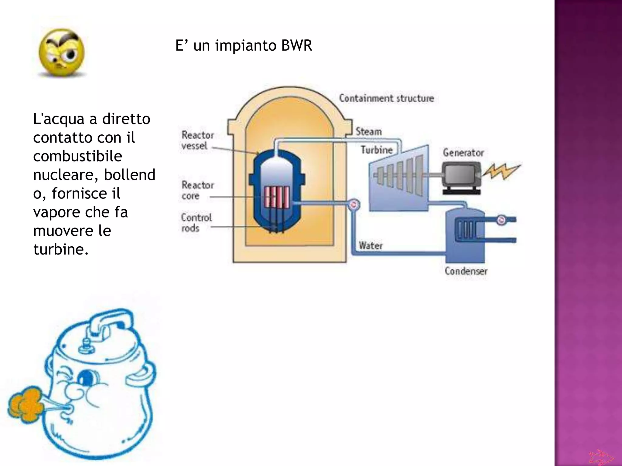 E’ un impianto BWR



L'acqua a diretto
contatto con il
combustibile
nucleare, bollend
o, fornisce il
vapore che fa
muovere le
turbine.
 